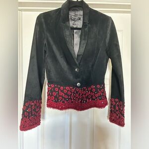 Betsey Johnson Black Blazer with Red Floral Lace/Beaded Accents, Sz S